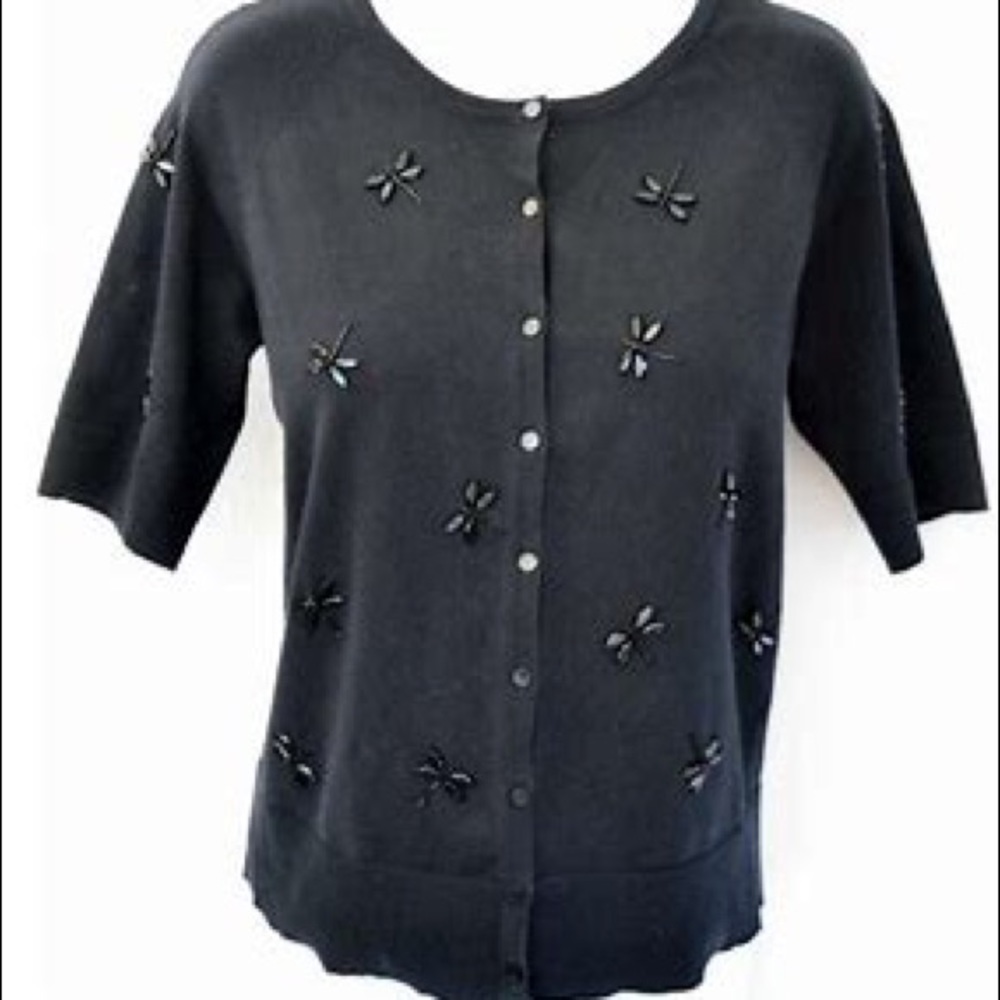 Talbots Sweater Cardigan Black Beaded